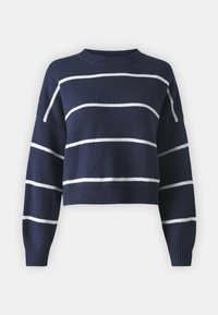Marinblå kortad tröja med breda vita horisontella ränder. Har en ribbad halsringning och muddar, som visar en stickad struktur och avslappnad passform.