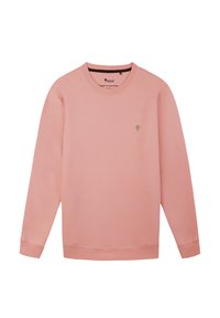 Felpa rosa realizzata in morbido tessuto. Presenta un collo a giro, maniche lunghe e un piccolo logo di un albero verde sul lato sinistro del petto. Design semplice.