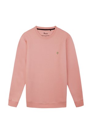 Felpa rosa realizzata in morbido tessuto. Presenta un collo a giro, maniche lunghe e un piccolo logo di un albero verde sul lato sinistro del petto. Design semplice.