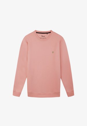 Rosa Sweatshirt aus weichem Stoff. Mit Rundhalsausschnitt, langen Ärmeln und einem kleinen grünen Baum-Logo auf der linken Brust. Einfaches Design.