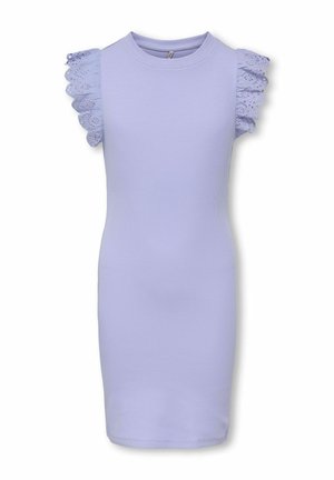 Lavender sleeveless fitted dress with round neckline and ruffled, eyelet lace cap sleeves.