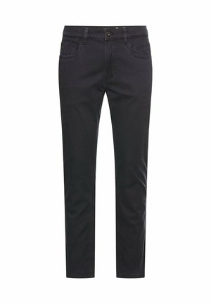 Schwarze Denim-Jeans mit einer figurbetonten Passform. Verfügt über fünf Taschen, einen Reißverschluss und einen Knopfverschluss. Leicht verjüngtes Bein mit minimalen Nähdetails.
