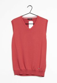 Pull sans manches rouge en tricot avec un décolleté en V, un ourlet côtelé et une étiquette suspendue. Design simple avec une texture lisse.
