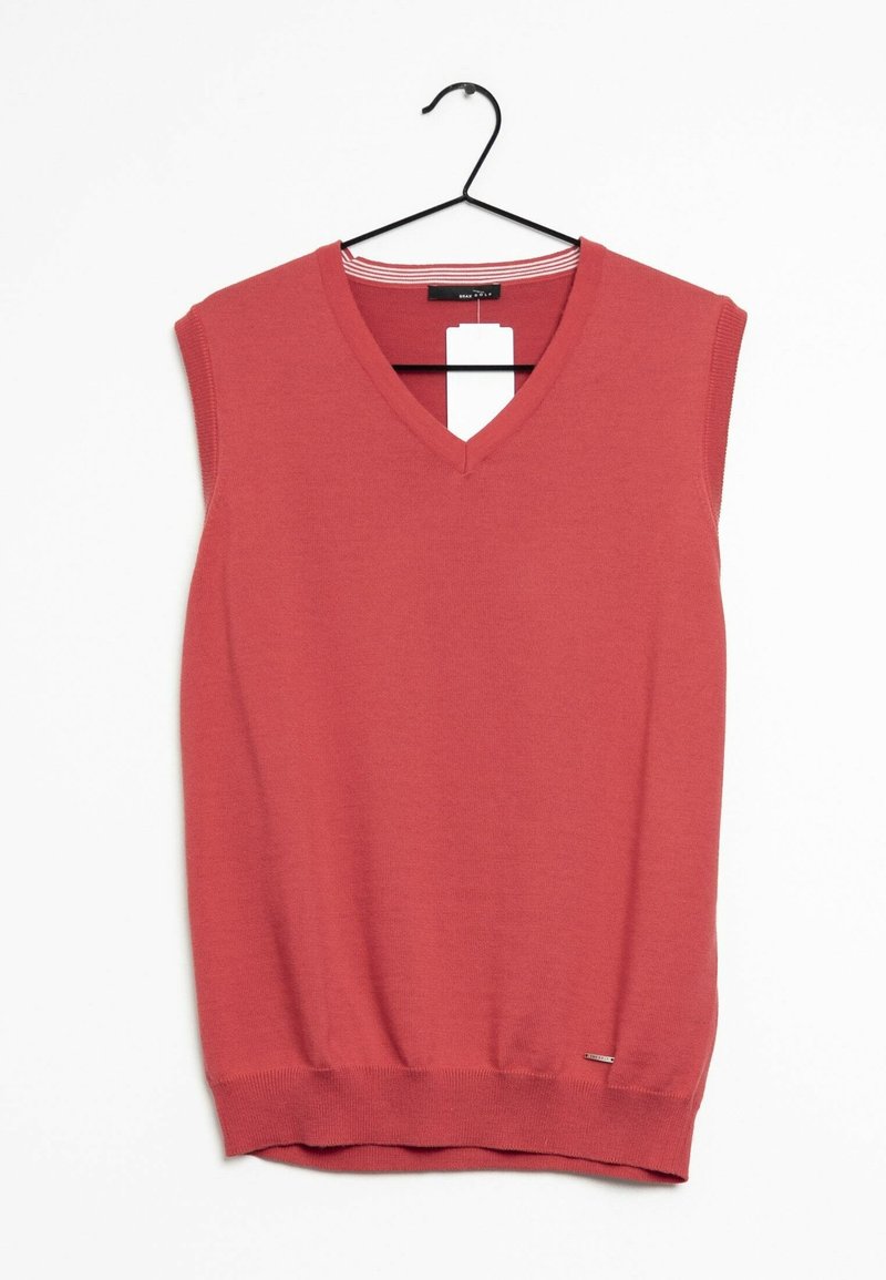 Pull sans manches rouge en tricot avec un décolleté en V, un ourlet côtelé et une étiquette suspendue. Design simple avec une texture lisse.