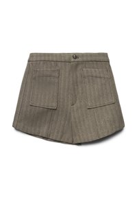 Shorts in tessuto marrone a motivo spina di pesce, con vita alta, tasche posteriori e chiusura a un bottone. Design frontale piatto.