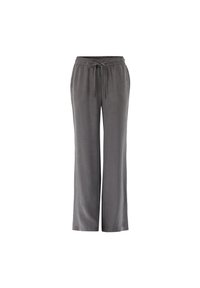 Graue, weite Hosen aus leichtem Stoff mit einem elastischen Bund und verstellbarem Kordelzug, die eine glatte Textur und ein minimalistisches Design aufweisen.