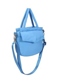 Kék párnázott táska két rövid fogantyúval és levehető pánttal. Faltasakkal és fémből készült klipszel rendelkezik. Simafelszínű, könnyű szövet szerkezet.