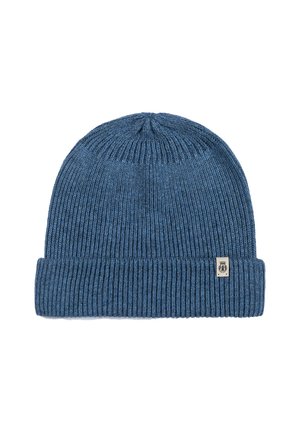 Blue knitted beanie hat with a ribbed texture, featuring a folded cuff and a small logo patch on the side.