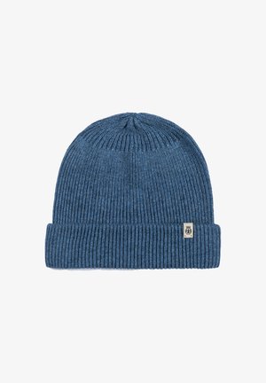 Blue knitted beanie hat with a ribbed texture, featuring a folded cuff and a small logo patch on the side.