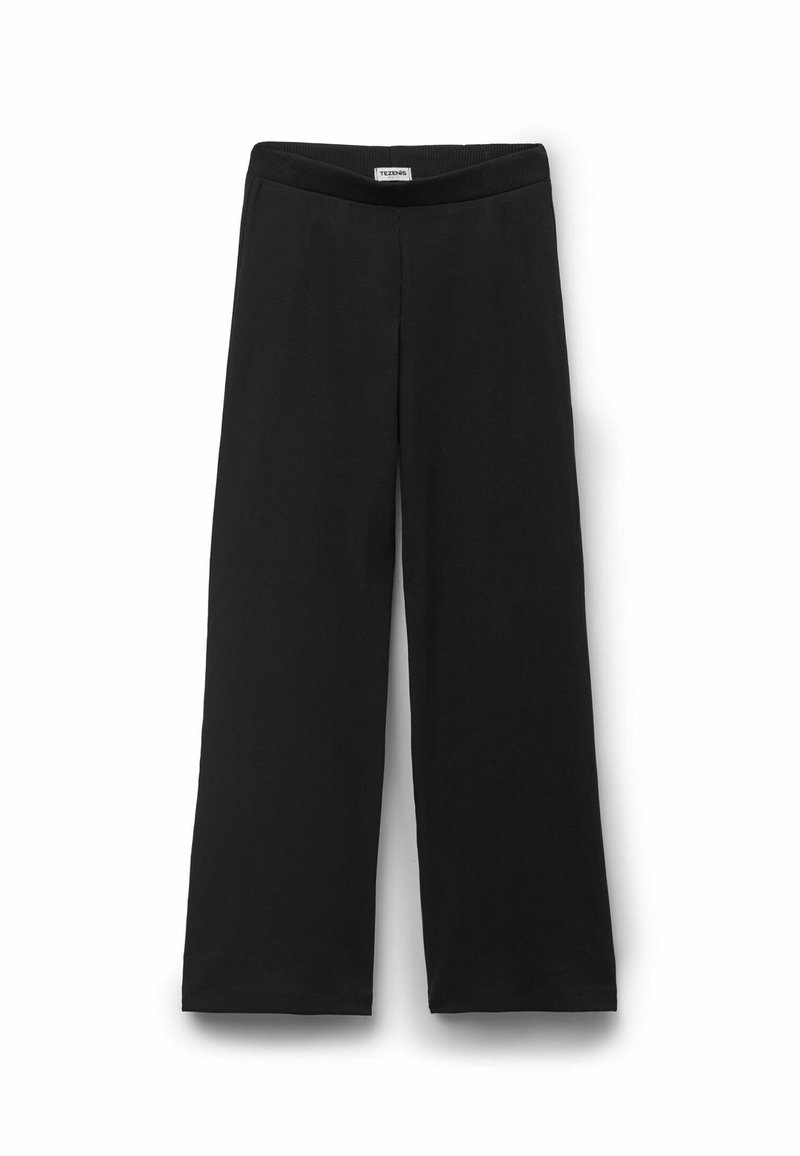 Černé kalhoty s širokými nohavicemi vyrobené z měkkého materiálu, s širokým elastickým pasem a jednoduchým designem bez kapes nebo ozdob.