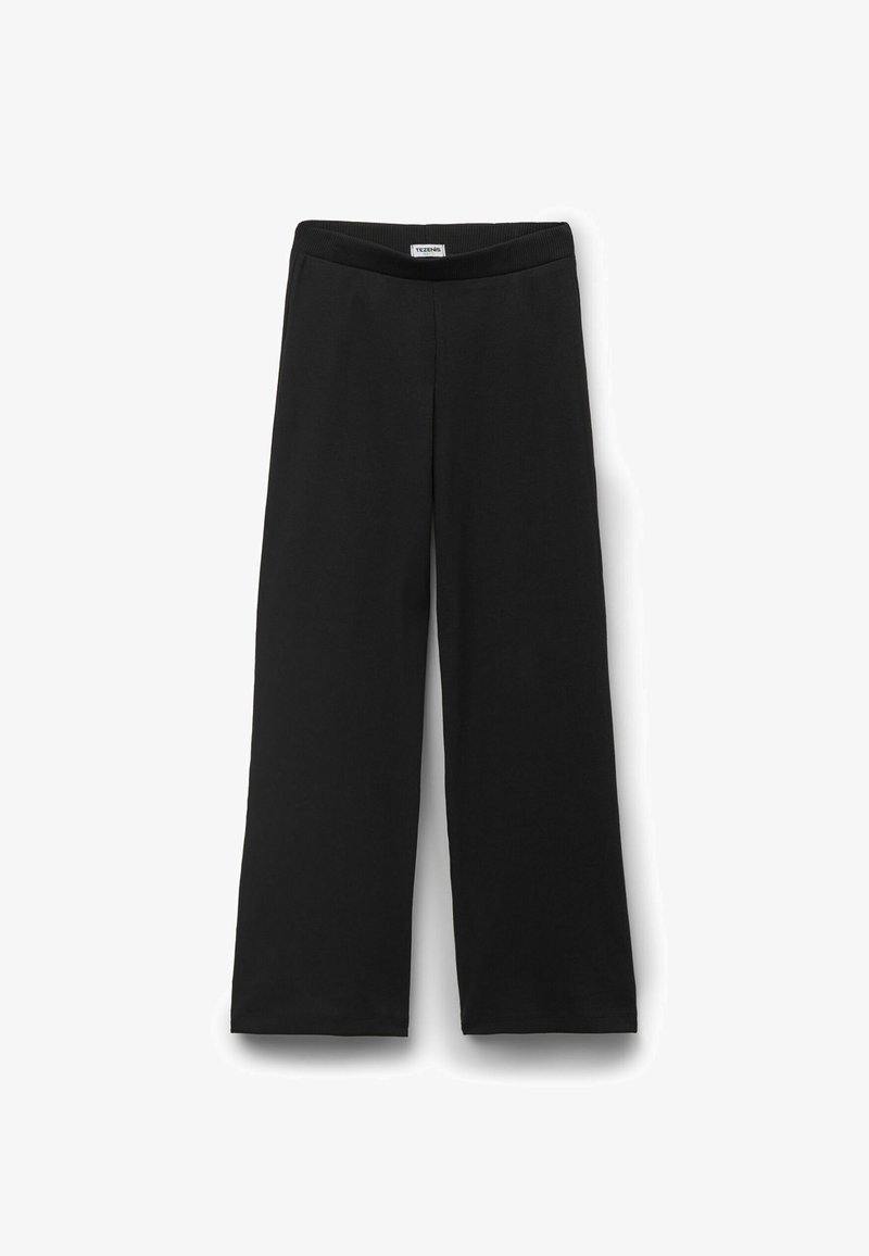 Zwarte wijde broek gemaakt van zachte stof, met een brede elastische tailleband en een eenvoudig ontwerp zonder zakken of versieringen.