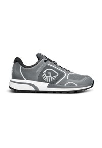 Gray athletic shoe with a mesh upper, a white sole, and black accents. Features a logo on the side and patterned detailing on the heel.