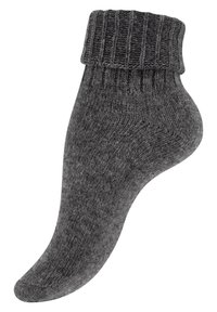 Calzino grigio lavorato a maglia con polsino a coste, caratterizzato da una texture solida e una punta arrotondata. Realizzato in filato morbido per comfort e calore.