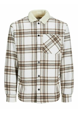 Geruite shirt in witte, bruine en blauwe tinten; heeft een knoopsluiting aan de voorkant, lange mouwen en een zachte, crèmekleurige kraag. Inclusief een borstzak.