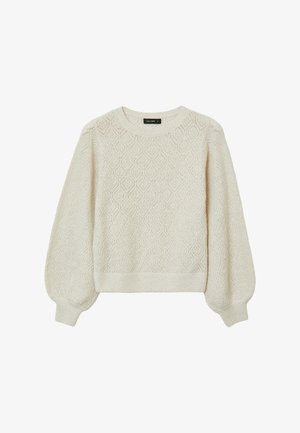 Maglione di maglia crema con motivo a diamante, maniche lunghe a sbuffo, polsini a costine e scollatura a girocollo.