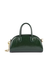 Borsa a tracolla verde in finta pelle con forma arrotondata, manici superiori e tracolla in catena dorata. Finitura lucida con dettagli testurizzati sulla superficie.