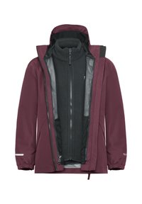 Maroon waterproof jacket with black inner zippered fleece layer, front zipper, high collar, and elastic cuffs against white background.