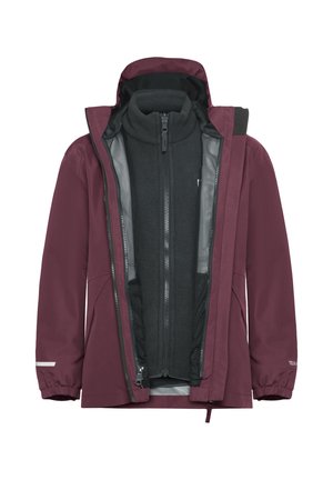 Maroon waterproof jacket with black inner zippered fleece layer, front zipper, high collar, and elastic cuffs against white background.