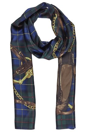 Navy and green plaid silk scarf with printed brown leather straps, gold chains, and equestrian bit motifs, loosely knotted.