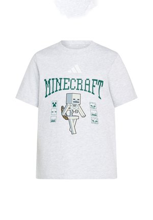 Light gray t-shirt with green "MINECRAFT" text above a pixelated skeleton holding a bow, flanked by small pixelated square icons.