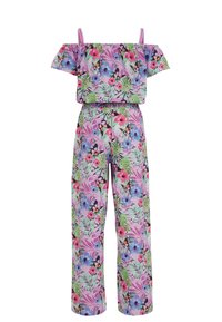Floral jumpsuit with off-the-shoulder design, featuring vibrant pink, green, and blue patterns on a light purple background. Elastic waistband.