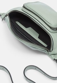Borsa a tracolla in pelle verde chiaro con vano principale con zip, fodera interna nera e tracolla sottile. Presenta una tasca esterna con zip.