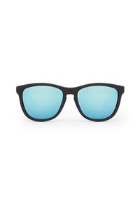 Ochelari de soare negri cu un cadru texturat și lentile reflectorizante albastre, având o formă clasică, rotundă.