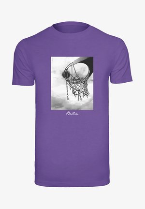 Purple cotton T-shirt featuring a black-and-white graphic of a basketball hoop, with the text "Ballin'" in white cursive at the bottom.