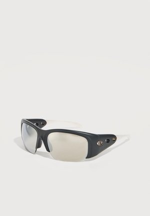 Wraparound black sports sunglasses with reflective lenses and clear curved temple arms, displayed on a white background.