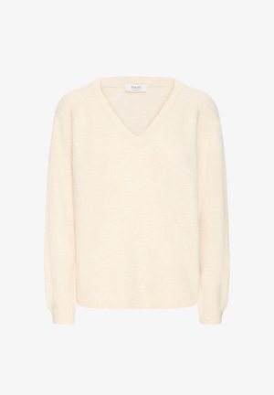 Cremefarvet sweater med V-hals, lange ærmer og en blød, struktureret overflade. Designet har en afslappet pasform og ribbede manchetter.