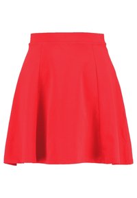 Roter Faltenrock mit hohem Taillenbund, aus leichtem Stoff gefertigt. Ausgestellt geformt mit glatter Textur, knie-lange Schnitt.