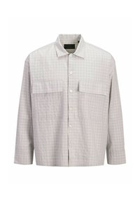 Camicia a maniche lunghe a quadri grigio chiaro con colletto, due tasche frontali e vestibilità comoda. Realizzata in un tessuto morbido e traspirante.