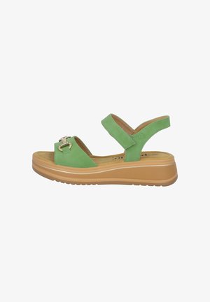 Grüne Wildledersandalen mit breitem Riemen, verstellbarem Rücken, goldener Schnalle und einer hellbraunen Keilsohle mit weißem Akzent.