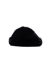 Sombrero de piel negra con forma redondeada, textura suave y una banda de felpa alrededor de la base. Color uniforme sin patrones visibles ni elementos metálicos.
