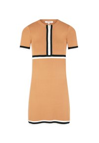 Kortärmad klänning i beige med en dragkedja fram, med svarta och vita randiga detaljer vid halsringningen och fållen. Släta, figursydda tyg.