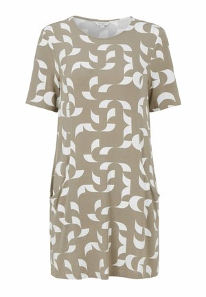Korte jurk met korte mouwen in een beige stof met een wit abstract patroon. Inclusief twee zijzakken. Zachte, gladde textuur met een ontspannen pasvorm.