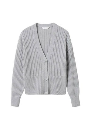 Cárdigan de punto acanalado gris claro con mangas largas, escote en V y tres botones delanteros.