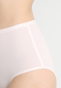 High-waisted, light pink underwear made from sheer material with a smooth texture and subtle stitching detail along the waistline.