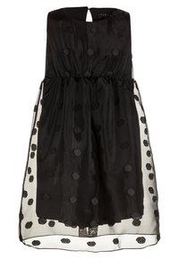 Svart ärmlös klänning med genomskinlig överdel, prydd med broderade prickar och en elastisk midja.