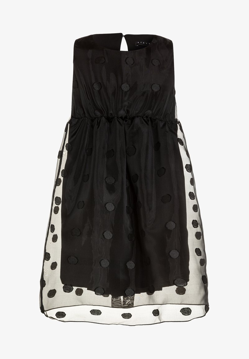 Vestido negro sin mangas con superposición translúcida, con lunares bordados y cintura elástica ajustada.