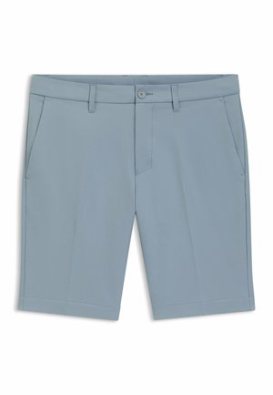 Light blue shorts with a flat front, two side pockets, and a button closure. Smooth fabric with a tailored design and neat stitching.