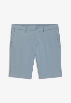 Light blue shorts with a flat front, two side pockets, and a button closure. Smooth fabric with a tailored design and neat stitching.