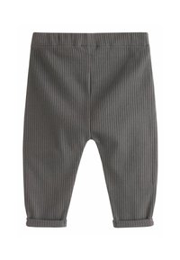 Graue, gerippte Hose mit elastischem Bund, verkürztem Saum und umgeschlagenen Bündchen, gefertigt aus weichem, strukturiertem Stoff. Geeignet für die Freizeit.