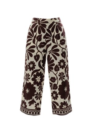 Kalhoty se širokými nohavicemi s hnědými květinovými a listovými vzory na béžovém pozadí, s vysokým pasem a ozdobným lemováním.
