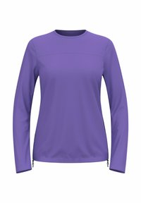 Lila Langarmshirt mit rundem Ausschnitt, glatter Textur und seitlichen Reißverschlüssen. Einfaches Design in einfarbig ohne sichtbare Muster.