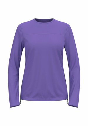 Paarse longsleeve met een ronde hals, gladde textuur en zijritsen. Eenvoudig ontwerp met een effen kleur en geen zichtbare patronen.