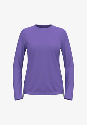 Lila Langarmshirt mit rundem Ausschnitt, glatter Textur und seitlichen Reißverschlüssen. Einfaches Design in einfarbig ohne sichtbare Muster.