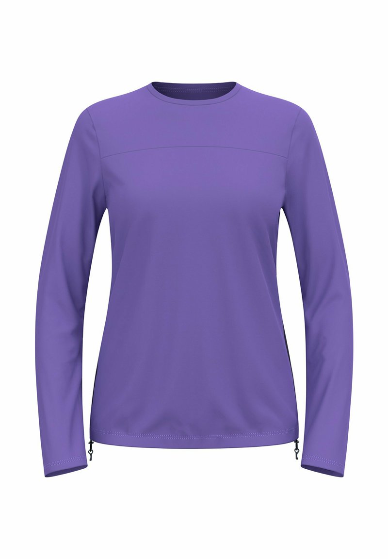 Lila Langarmshirt mit rundem Ausschnitt, glatter Textur und seitlichen Reißverschlüssen. Einfaches Design in einfarbig ohne sichtbare Muster.