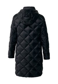 Gevoerde zwarte mid-lengte jas met een capuchon, diamantpatroon en lange mouwen. Gemaakt van een glanzend, lichtgewicht materiaal.