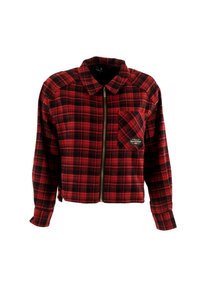 Giacca cropped a quadretti rossi e neri con colletto, zip frontale e taschino sul petto con patch del logo. Tessuto morbido e dalla texture.